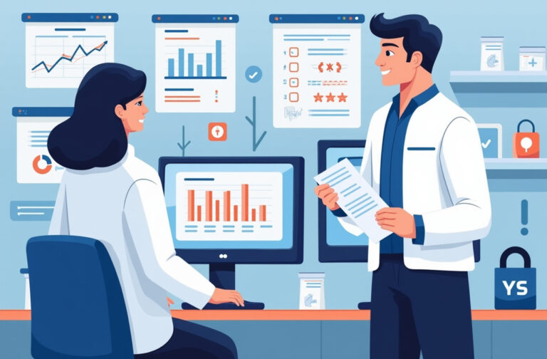 Scientist and data steward collaborating on research data management at a modern university.
