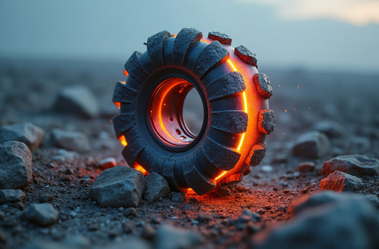 A smart wheel with stiffness-tunable material adapting to rocky terrain using magnets.