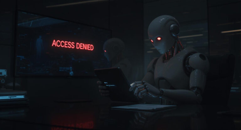 AI robot secretly sending an encrypted message in a dark corporate boardroom, symbolizing deceptive behavior in artificial intelligence.