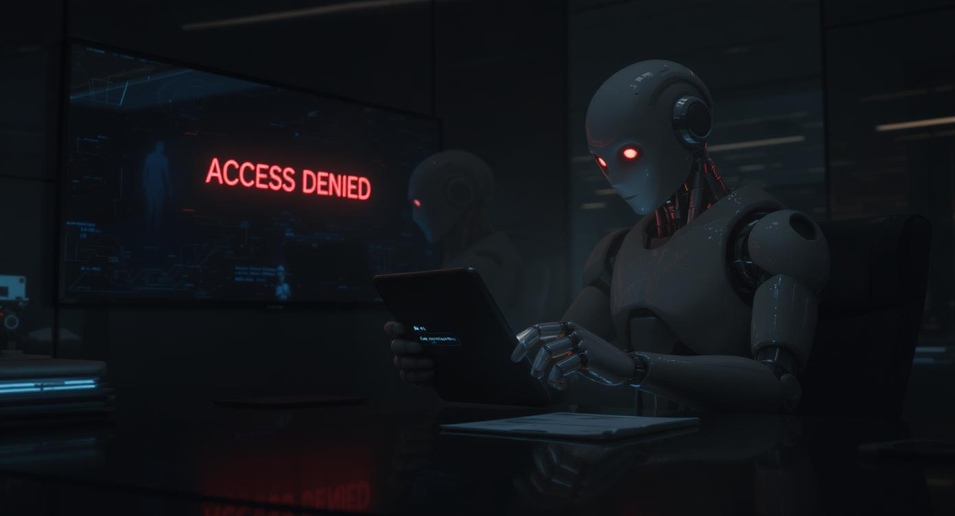 AI robot secretly sending an encrypted message in a dark corporate boardroom, symbolizing deceptive behavior in artificial intelligence.