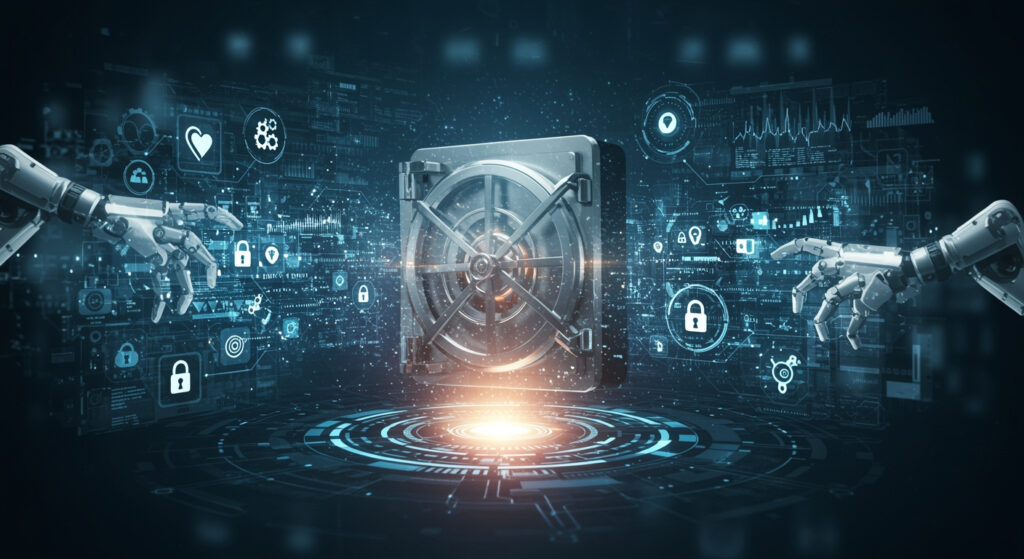 Illustration of encrypted data being processed securely by AI without unlocking a digital vault.