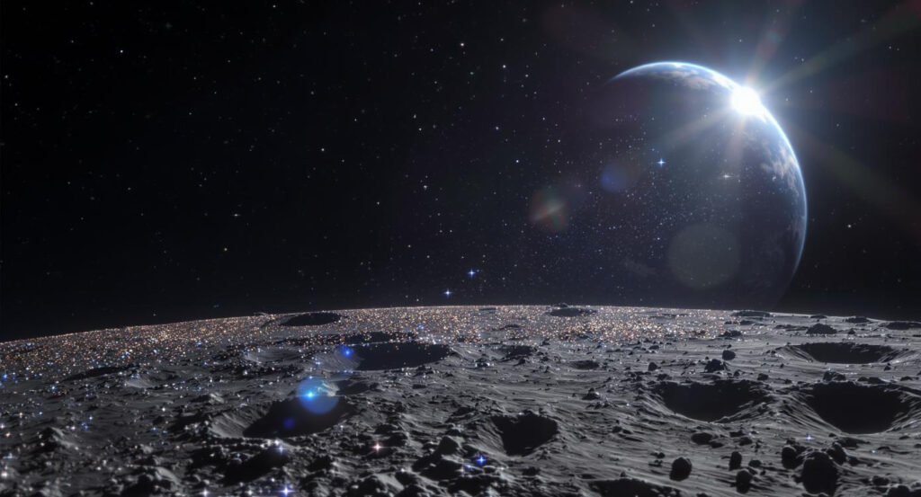 Glowing stardust particles found on the Moon with Earth in the distance