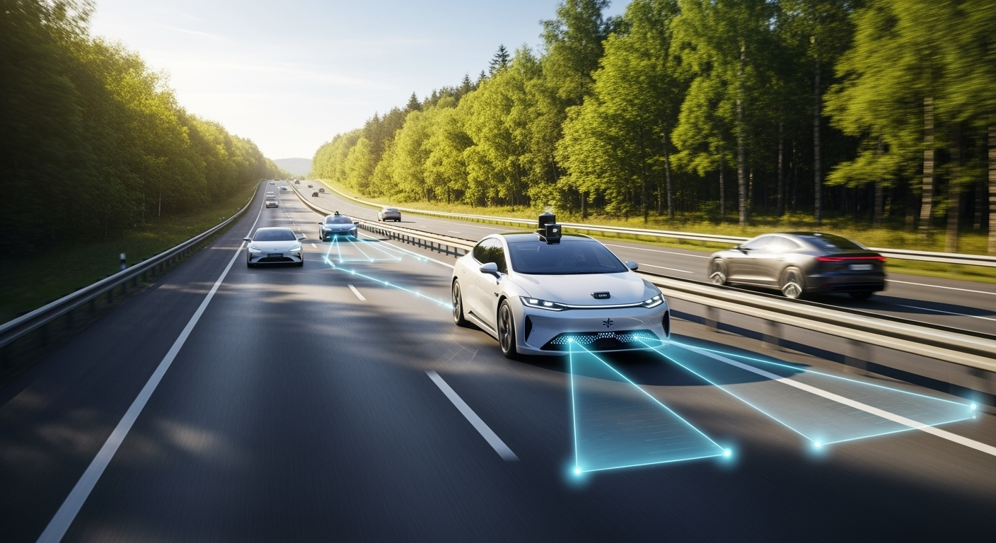 Autonomous electric car driving on a sunlit highway using advanced LiDAR technology to scan its surroundings with glowing 3D point cloud beams.