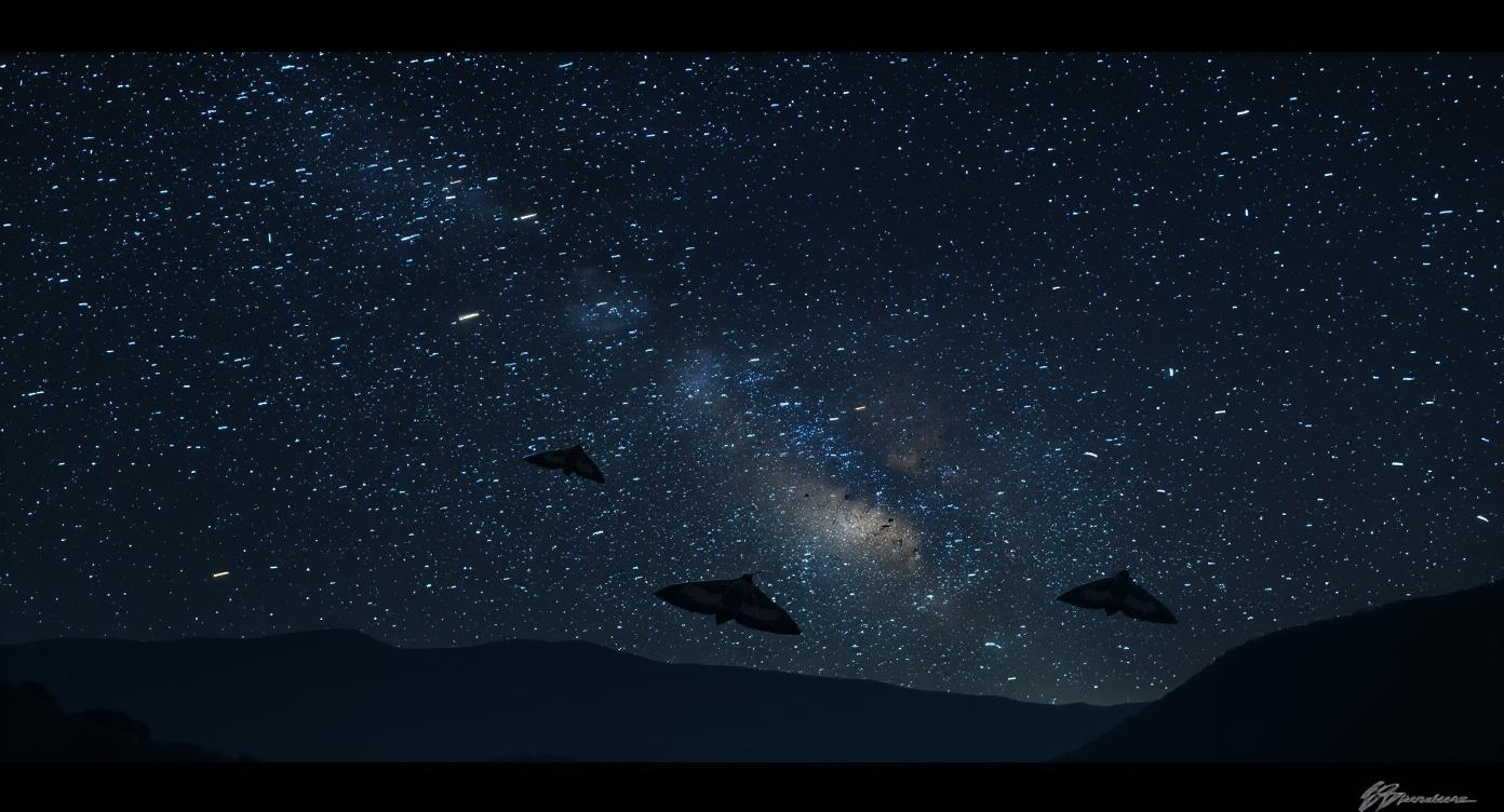 Bogong moths flying under the Milky Way in the Australian night sky during their migration.