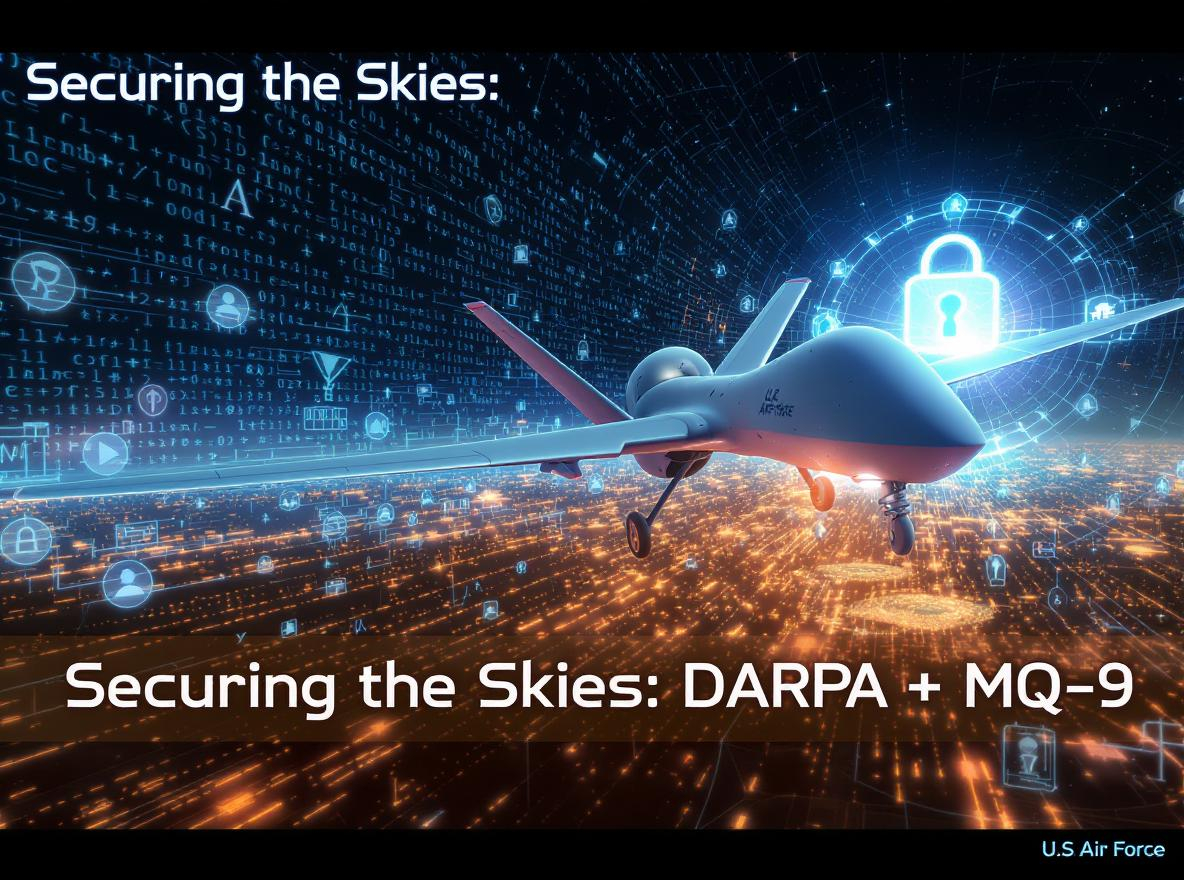MQ-9 Reaper drone over digital battlefield with secure software code