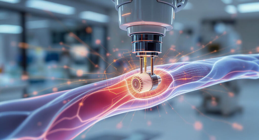 Miniature magnetic motor navigated by robotic arm in human artery using magnetic field tracking
