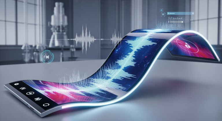 A flexible OLED display bending into an S-shape while emitting sound waves, representing a new technology that integrates shape-morphing screens and audio output.