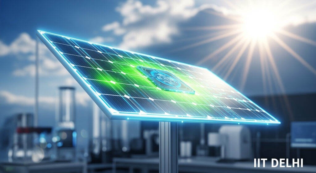 Close-up of a high-efficiency silicon heterojunction (SHJ) solar cell developed by IIT Delhi researchers, featuring a sleek, modern design and laboratory testing equipment in the background.