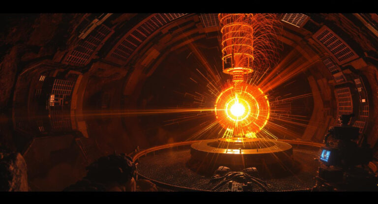 Underground physics laboratory with particle detector setup measuring solar fusion reaction cross sections using a proton beam and gamma-ray detectors.