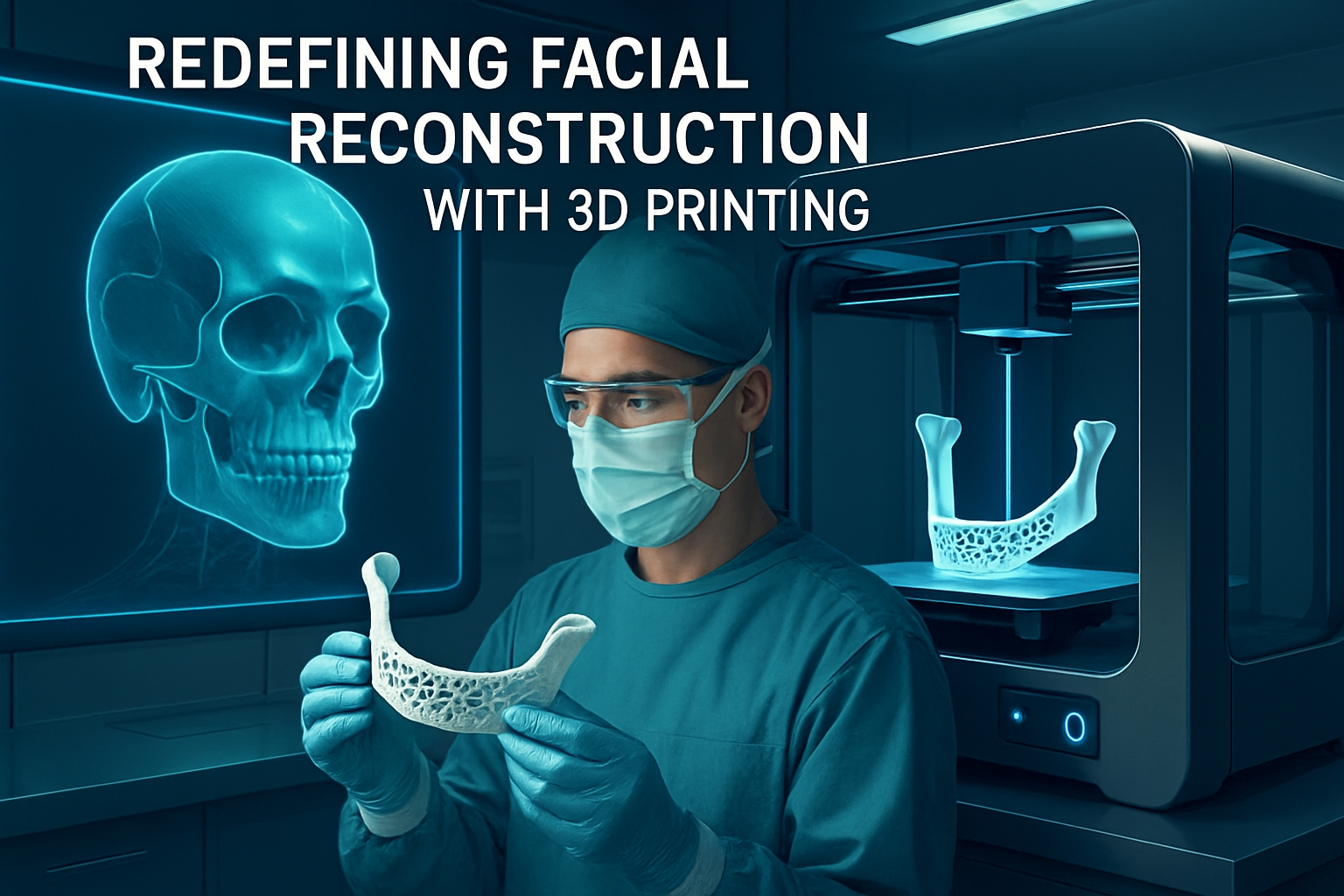 A surgeon in a futuristic operating room holding a 3D-printed jaw implant, with text: "Redefining Facial Reconstruction with 3D Printing".