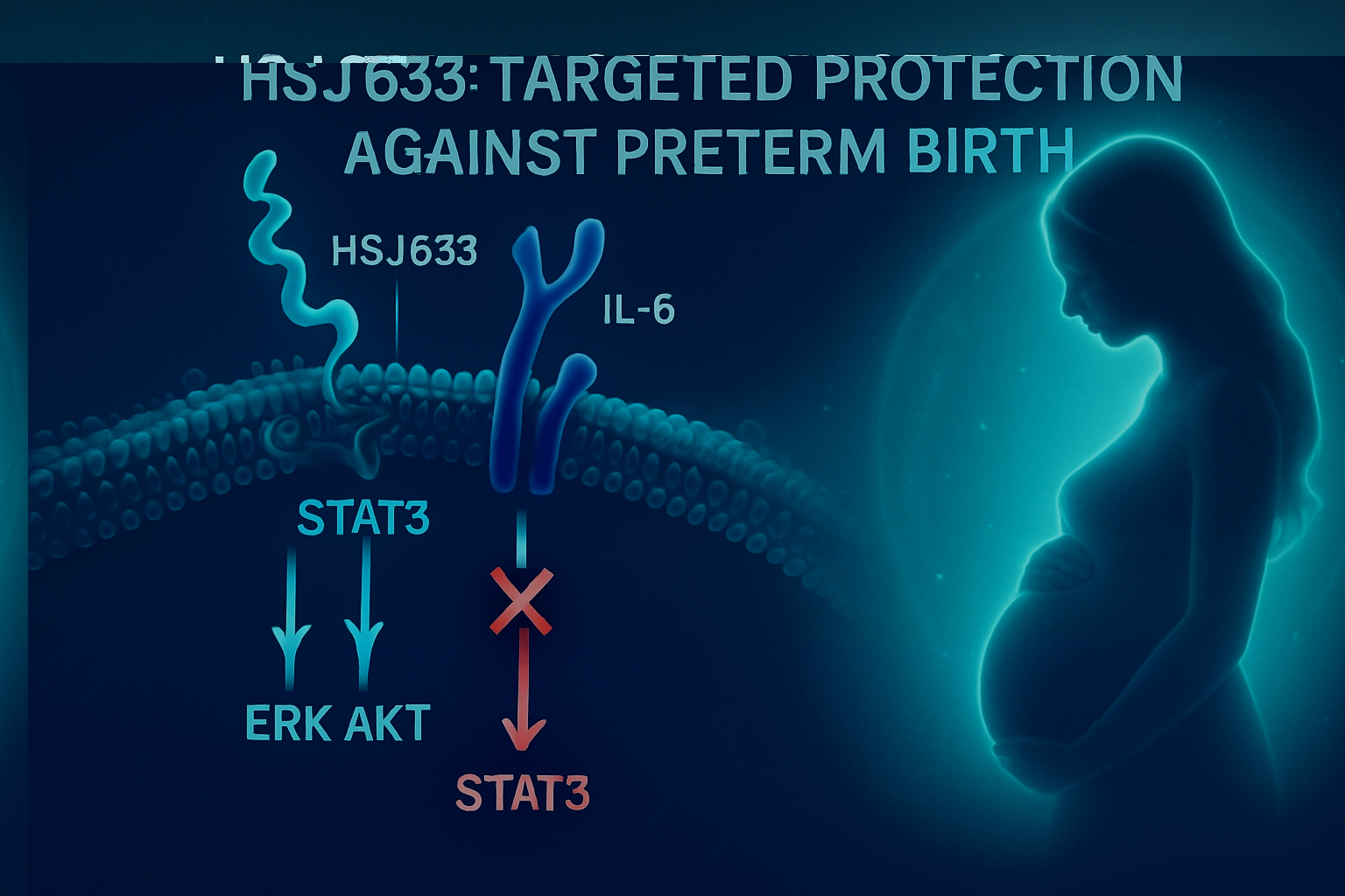 Medical illustration of HSJ633 peptide selectively blocking STAT3 signaling via IL-6R while preserving fetal-safe pathways in a pregnancy-related context.