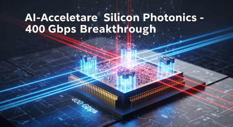 Futuristic AI-powered silicon photonic chip emitting laser beams with neural network graphics, representing 400 Gbps data transmission.
