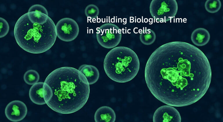 Microscopic view of synthetic cells containing oscillating Kai proteins under fluorescence imaging.