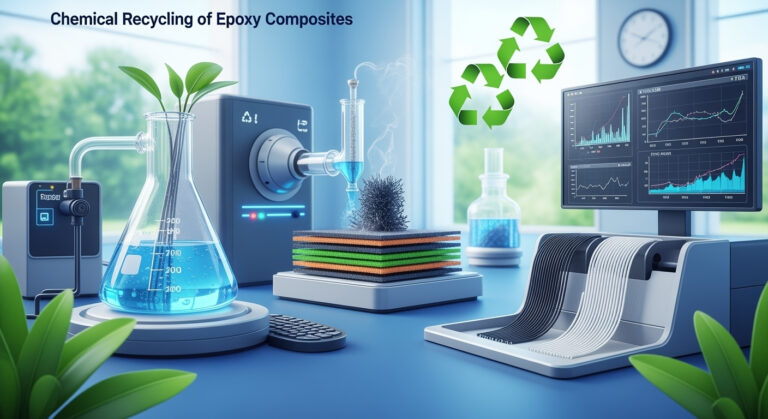 Advanced lab setup showing chemical recycling of epoxy composites using eco-friendly solvents, with recovered carbon fibers and resin analysis tools.