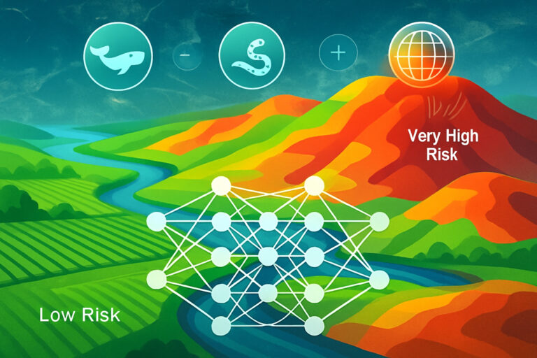 AI-generated erosion susceptibility map with neural network overlay and optimization algorithm icons