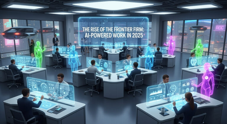 Human employees collaborating with AI agents in a futuristic digital workplace.