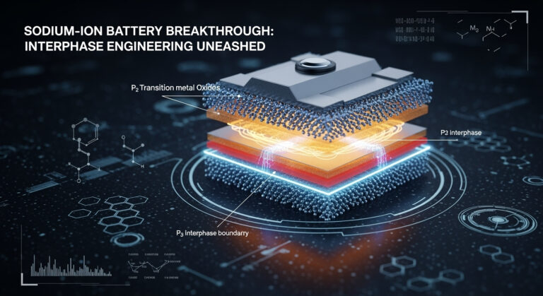 3D cutaway of a sodium-ion battery showing engineered interphases in layered oxides with glowing energy