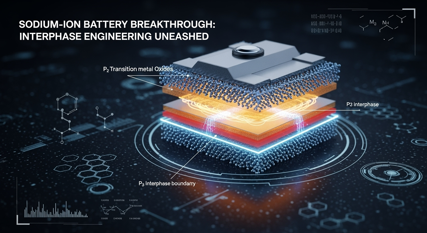 3D cutaway of a sodium-ion battery showing engineered interphases in layered oxides with glowing energy