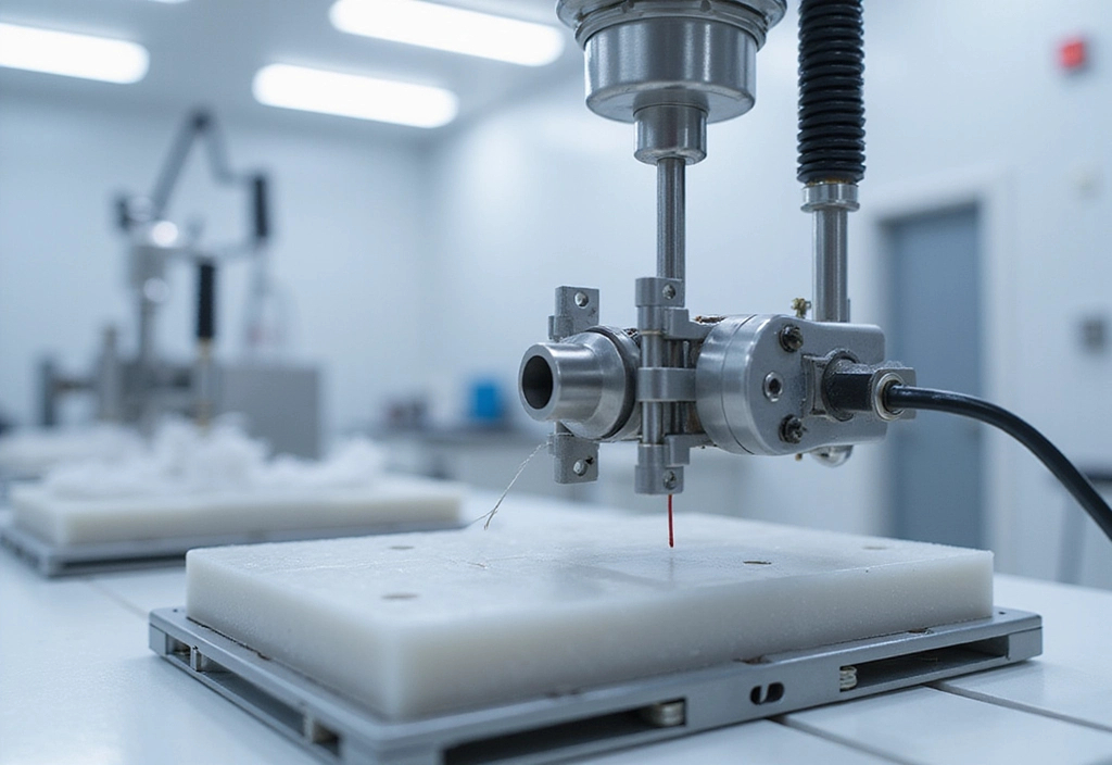 Illustration of a flexible four-bar micro-gripper grasping a micro-wire, highlighting its precise stroke and flexure hinge mechanism.