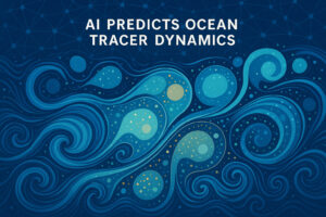 A visualization of ocean current patterns and tracer dispersion with an overlay of a neural network representing AI prediction.