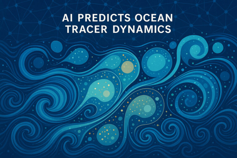 A visualization of ocean current patterns and tracer dispersion with an overlay of a neural network representing AI prediction.