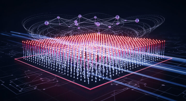 AI-optimized all-optical XOR logic gate visualized in a photonic crystal grid with light beams and neural network overlay.