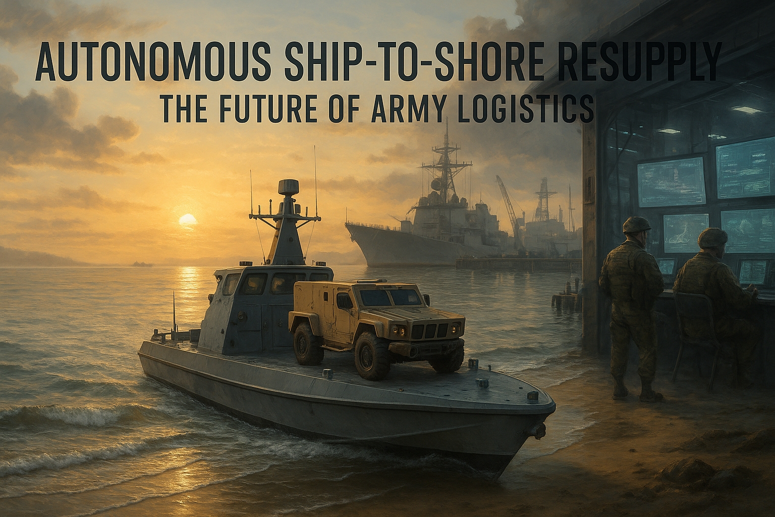 Unmanned military surface vessel carrying an autonomous ground vehicle approaching a shoreline with soldiers remotely monitoring operations on digital screens.