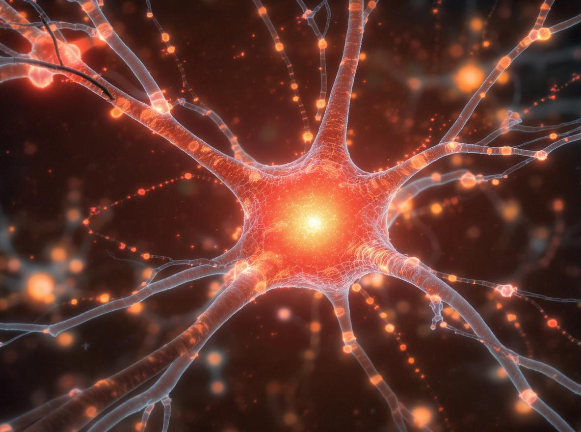 Microscopic neurons glowing after vitamin B3 and green tea treatment.