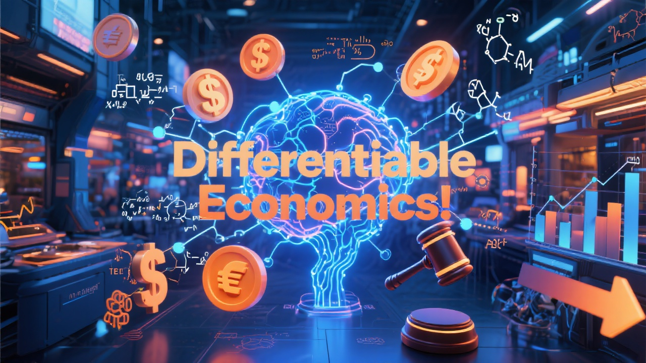 Futuristic digital marketplace with neural network connections, economic symbols, and glowing gradient arrows representing machine learning in economic design.