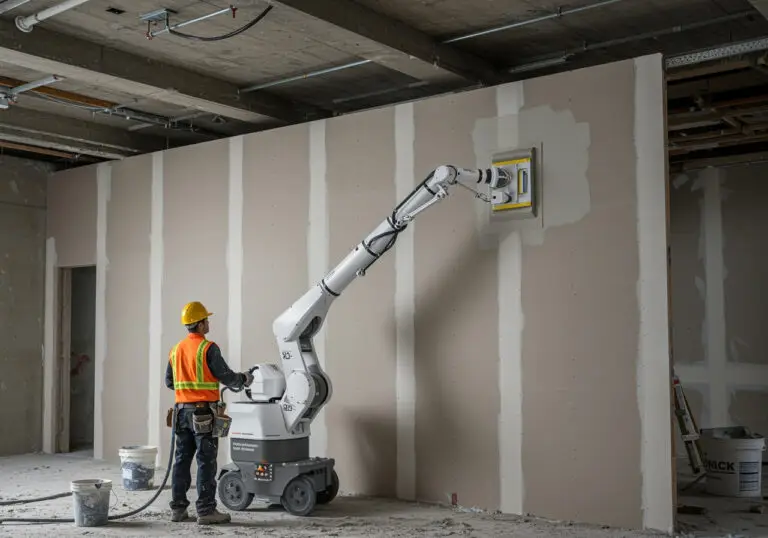 Robotic arm applying drywall compound with a worker supervising at a construction site.
