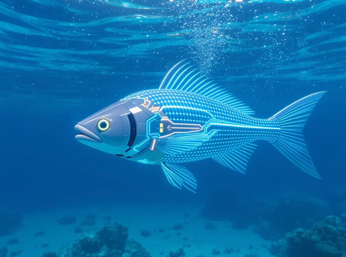 Biomimetic optical fiber neuromast mounted on a robotic fish for underwater detection.