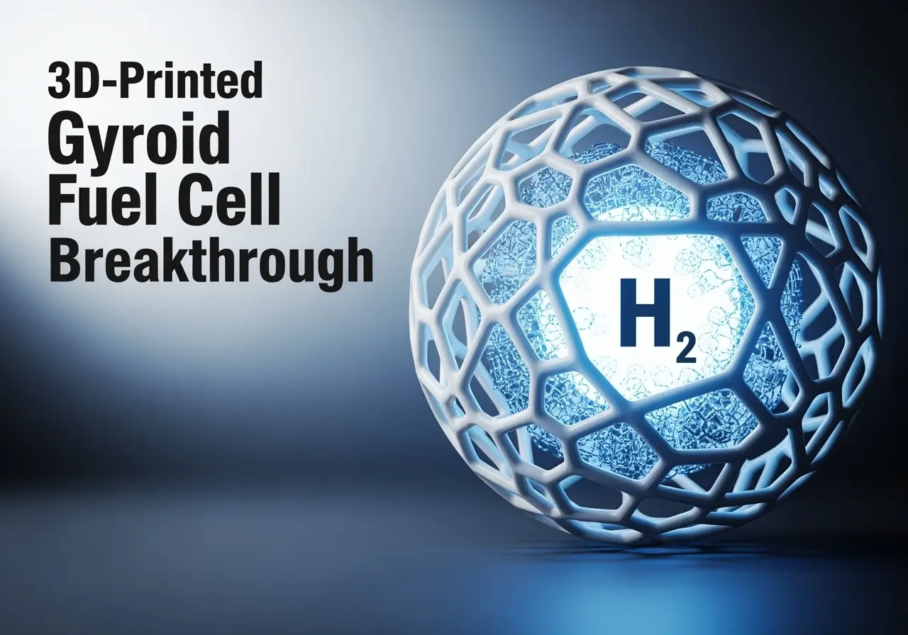 3D-printed gyroidal solid oxide cell glowing with hydrogen energy