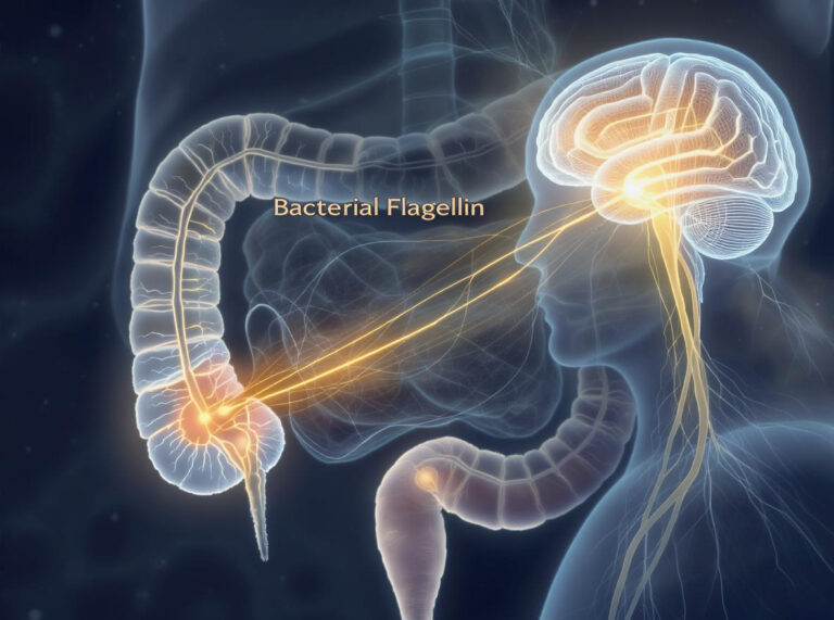 Stylized gut-brain neural pathway illustrating neuropods detecting bacterial flagellin and signaling via the vagus nerve.
