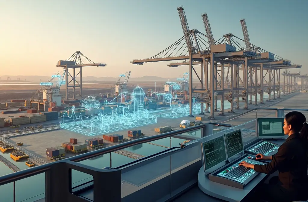 Futuristic automated container port at NEOM with cranes and AI vehicles.