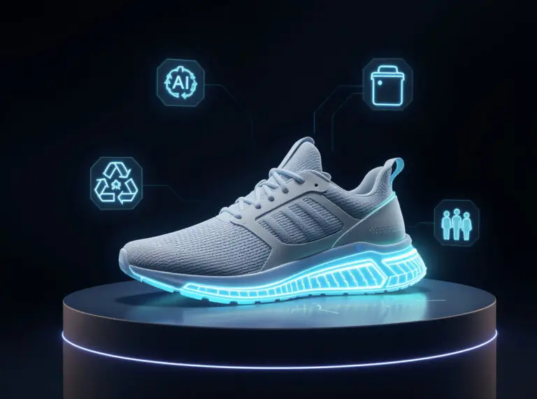Futuristic eco-friendly sneaker with 3D-printed sole and biometric sensors.