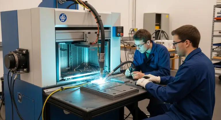 Researchers using wire arc additive manufacturing to weld steel plates in a high-tech lab.