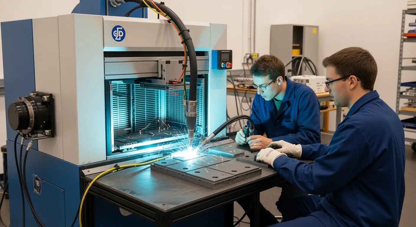 Researchers using wire arc additive manufacturing to weld steel plates in a high-tech lab.
