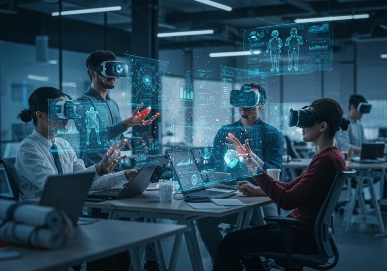 Professionals using XR hand and eye tracking in a futuristic virtual workspace with holographic blueprints.
