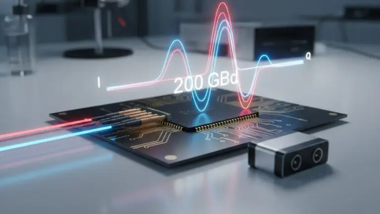 Photonic-electronic setup showing I/Q light paths merging into a 200 GBd electrical waveform.