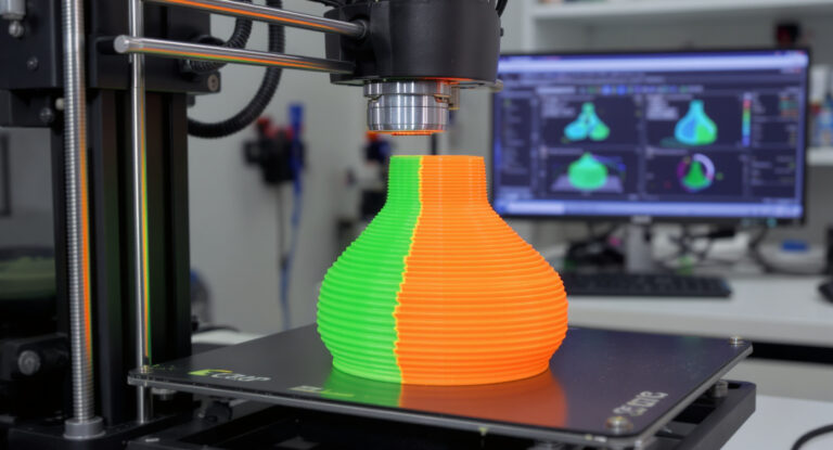 Sustainable 3D printer reinforcing weak zones with eco-friendly and strong plastics.