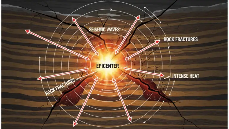 Illustration of earthquake energy splitting into shaking, heat, and fracturing.