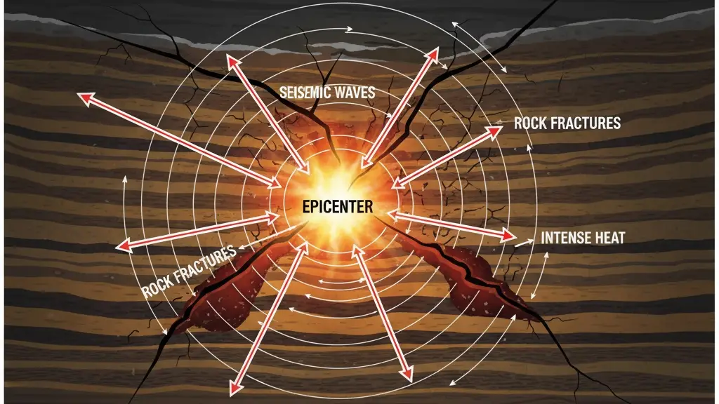 Illustration of earthquake energy splitting into shaking, heat, and fracturing.