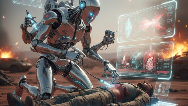 Robotic medic system scanning a soldier to stop internal bleeding with AI guidance.