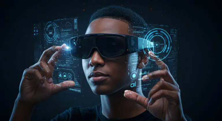 A futuristic AI assistant stands in front of a glowing holographic interface, wearing sleek smart glasses, with bright technology shapes filling the wide background.