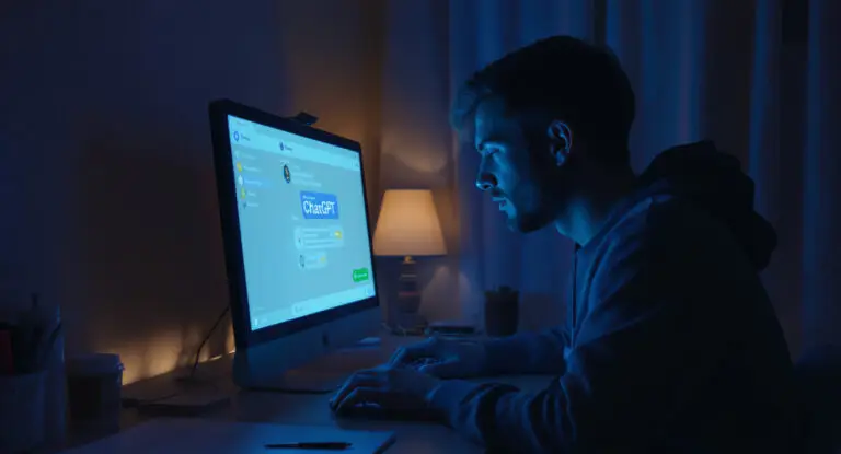 Person seeking comfort late at night while using ChatGPT for mental health support on a glowing computer screen.