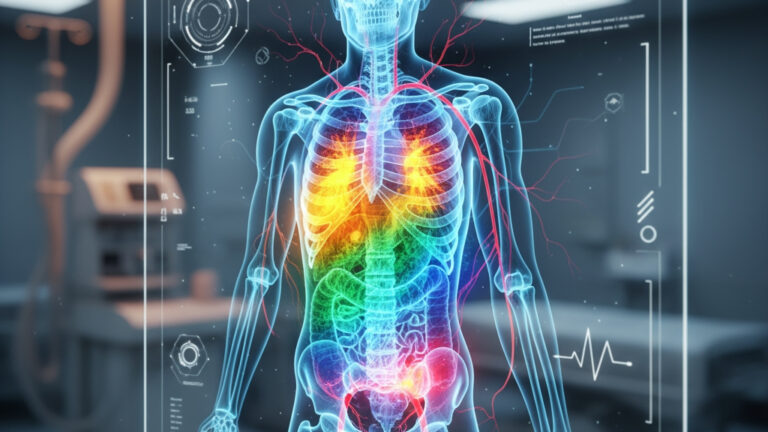 Hybrid PET/CT dual-energy imaging visualization showing colorful medical scan overlays.