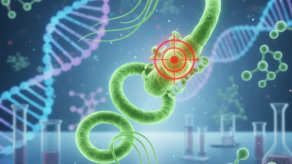 3D illustration of Lyme disease bacterium with highlighted enzyme target.
