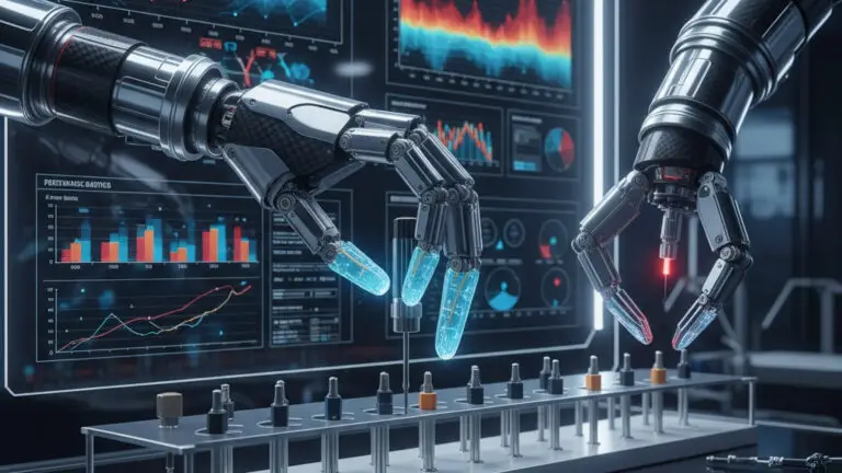 Robotic hand with modular fingertips, including a hydrogel e-skin sensing twist and a rack of benchmarked fingertip options.