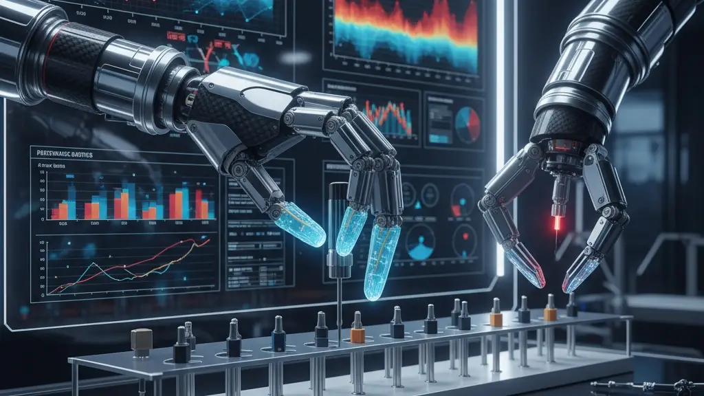 Robotic hand with modular fingertips, including a hydrogel e-skin sensing twist and a rack of benchmarked fingertip options.