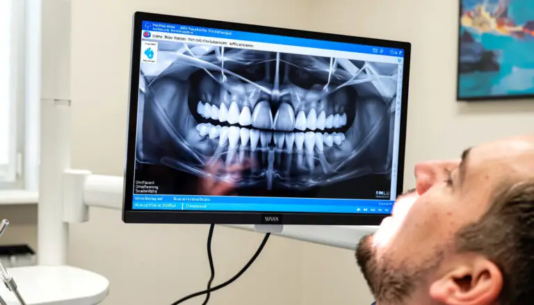 Dentist scanning a patient’s upper teeth with an intraoral scanner while a 3D model displays on screen.